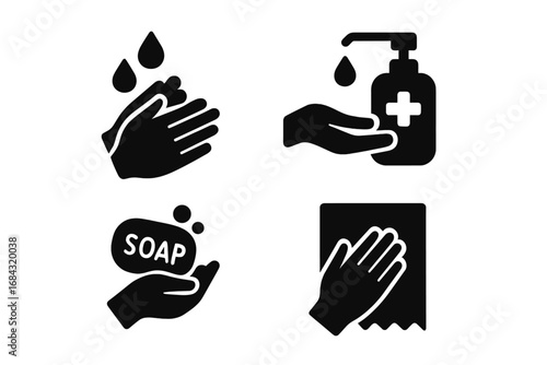 Hand hygiene solid icon set. Hand washing, sanitizer gel dispenser, soap bar and paper towel vector icons. Cleanliness and health care prevention glyph symbols collection.