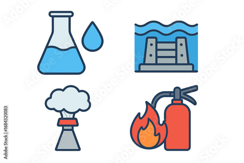 Environmental Management Systems and Technologies for Water Purification, Hydroelectric Power, Steam Generation, and Fire Safety Equipment Illustration, Vector Cartoon Style