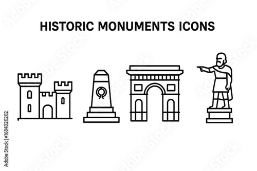 Historic monuments line icon set. Vector outline collection of ancient architecture and famous landmarks. Castle, war memorial, triumphal arch, and founder statue illustrations.