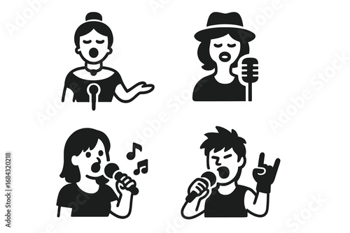Solid vocal styles icon grid with opera singer, jazz vocalist, pop singer, and rock frontman vector cartoon illustrations, music performance and singing concepts