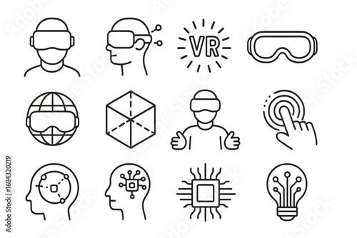 Virtual Reality and Technology Line Icons Set - Outline Flat Design of VR Headsets, Digital Innovation Symbols, Augmented Reality, AI, and Interactive Tech Concepts with Transparent Background