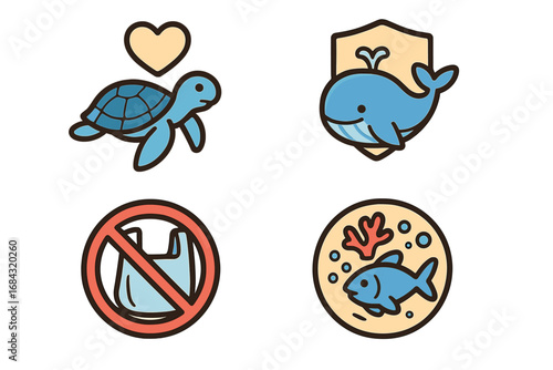 Marine conservation icon set. Save the ocean life concept. Turtle, whale protection, no plastic bag sign, and healthy coral reef ecosystem. Environmental vector symbols.