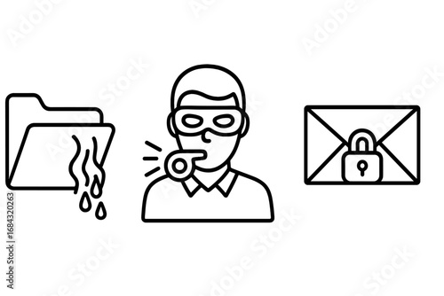 Whistleblower icon set, outline style with leaking folder, masked whistleblower figure, secure email envelope with lock, data leak symbol, whistleblower concept illustration