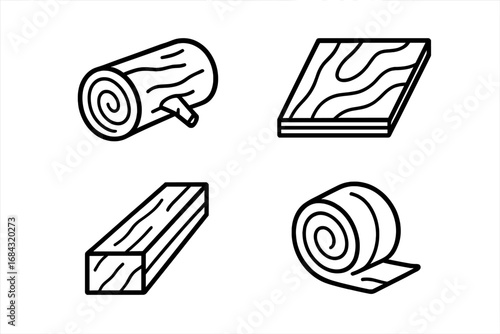 Wood Products Icons Set, Timber Log, Plywood Sheet, Lumber Plank, Veneer Roll, Wood Chip Pile, Outline Vector Illustration, Construction Materials and Raw Wood Elements