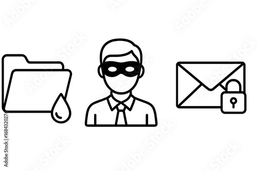 Whistleblower icon set with outline style, including masked figure, leaking folder, and secured email envelope with lock, vector cartoon illustration for security and privacy concepts