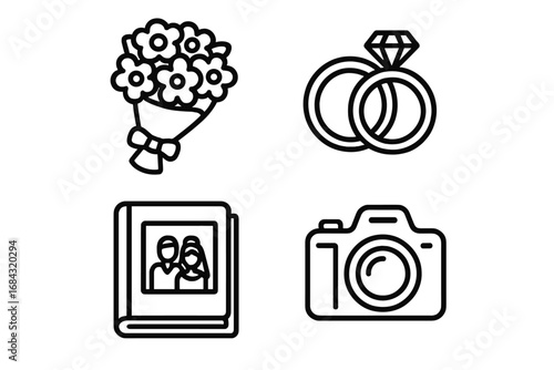 Wedding Photography Icons Outline Set, Wedding Bouquet, Rings with Diamond, Bridal Photo Album, Professional Camera Vector Illustration, Wedding Services Graphics