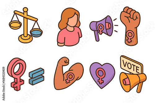 Women’s Rights Isometric Icon Set – Equality, Empowerment, Feminism, Advocacy, Voting, Strength, Justice, and Gender Equality Symbols, Vector Cartoon Illustration, Transparent Background
