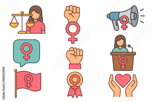 Women's Rights Isometric Icons Set – Equality, Empowerment, Advocacy Symbols, Feminism, Female Power, Social Justice Vector Cartoon Illustration with Transparent Background, Ordered Set 2