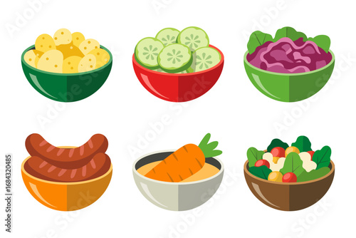 Gourmet bowl food illustrations, vegetable salad rice bowls with grilled sausage, seasonal produce, colorful lunch ideas, healthy eating vector icons collection