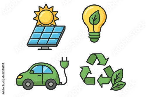 Vibrant Eco-Friendly Vector Illustration of Renewable Energy, Solar Panels, Electric Vehicles, Sustainability Symbols, Green Technology, and Environmental Conservation Concepts