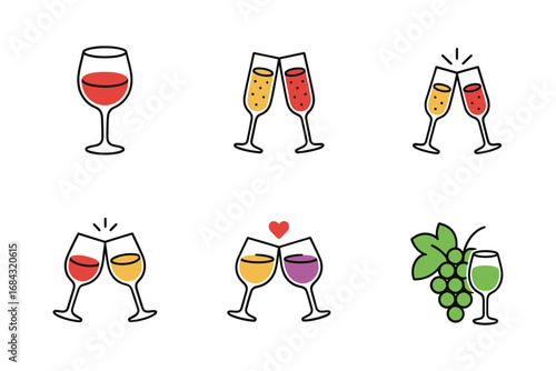 Wine glass toast vector icons, red white rose champagne flute clink, romantic celebration sip illustrations, vineyard tasting party, elegant beverage graphics set