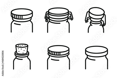 Jar Lid Icons Outline Set, Vector Illustration of Various Jar Lid Styles Including Screw Cap, Clamp Lid, Flip-Top Lid, Cork Stopper, Metal Screw Lid, Bamboo Lid on Transparent Background
