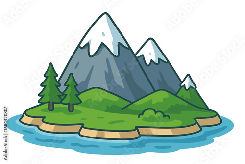 Cartoon vector illustration of diverse island landscapes with snowy mountains, green hills, volcano, desert cactus, and bright sunny day with transparent background