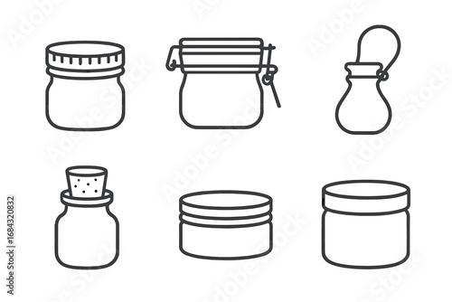 Outline Jar Lid Icons Set, Various Jar Lid Styles Including Screw Cap, Clamp Lid, Flip-Top Lid, Cork Stopper, Metal Screw Lid, Bamboo Lid, Vector Illustration