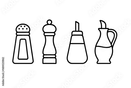 Kitchen seasoning icons set with outline style, salt shaker, pepper mill, sugar dispenser, oil cruet, cooking essentials, culinary vector illustration on transparent background