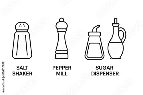 Kitchen seasoning icons outline set with salt shaker, pepper mill, sugar dispenser, and oil cruet. Vector culinary condiment bottles illustration for food design, cooking, dining