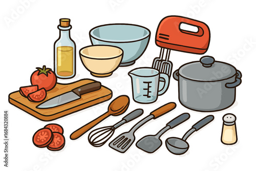 Kitchen tools and utensils set for meal preparation in modern kitchen environment, vector cartoon illustration including knife, cutting board, pots, bowls, mixer, spatulas, and more