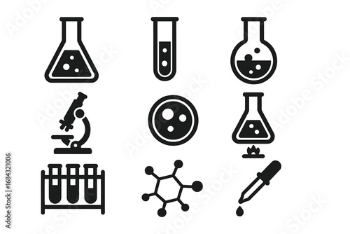 Laboratory Equipment Icons for Science, Research, Chemistry, and Biology. Vector Illustration Set of Microscope, Test Tubes, Flask, Molecule, Petri Dish, and Pipette on Transparent Background