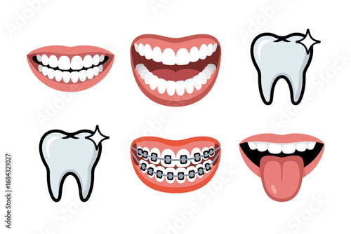 Dental care vector icons, smiling mouth tooth braces tongue, clean white molar illustrations, oral hygiene symbols, dentist clinic educational graphics