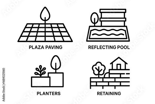 Landscape and Urban Design Icon Set – Outline Vector Illustrations of Plaza Paving, Reflecting Pool, Planters, Retaining Wall – Architecture and Green Space Integration