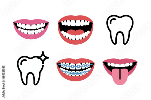 Pediatric dental vector collection, baby tooth braces happy mouth icons, tongue out cheeky smiles, orthodontic friendly educational illustrations for kids
