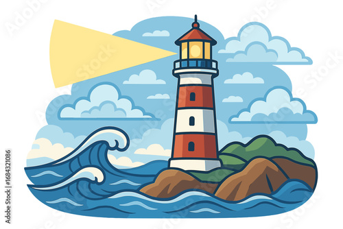 Lighthouse illustration showcasing maritime safety with powerful waves, coastal rocks, clouds, and a bright beacon light in a vibrant cartoon coastal landscape vector art