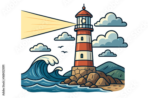 Lighthouse illustration showcasing maritime safety with ocean waves, clouds, rocky coastal landscape, beacon light tower, nautical navigation, and scenic seashore vector art
