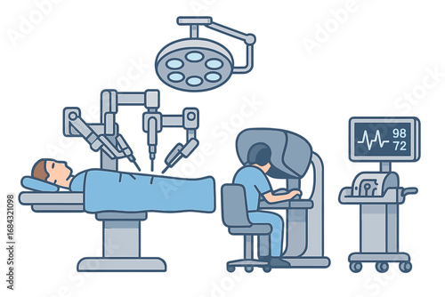Advanced Medical Technology Tools in Surgical Environment Featuring Robotic Surgery Arms, Monitoring Equipment, and Surgeon Operating Console Vector Cartoon Illustration