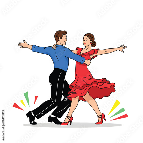A vibrant illustration of a romantic couple gracefully performing a passionate Latin dance like salsa or tango