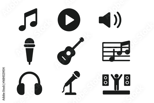 Essential Music Performance Icon Set, Flat Filled Audio and Concert Symbols, Vector Illustration with Microphone, Guitar, Headphones, Music Notes, and Speaker Icons on Transparent Background