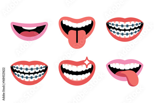 Playful mouth expression icons, braces smiling lips, tongue out, open laugh, teeth sparkle, orthodontic variations, pediatric dental emoticons, sticker pack
