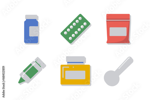 Medical packaging icon pack, pill blister jar container tube, topical cream, measuring spoon, dosage dispenser, care pharmaceutical label illustrations