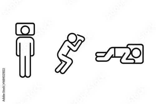 Sleep position icons vector set, outline illustrations of back sleeper, side sleeper, stomach sleeper silhouettes, restful sleeping poses, wellness and relaxation symbols, transparent background