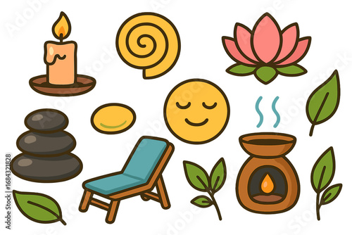 Relaxation symbols and wellness elements representing calm nature and mindfulness in colorful vector cartoon design with transparent background, ordered set 4