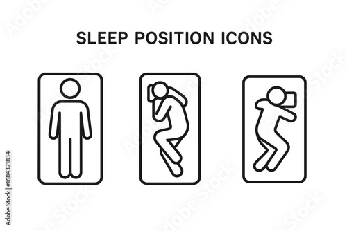 Sleep Position Icons Vector Set, Outline Silhouettes of Back Sleeper, Side Sleeper, and Stomach Sleeper Poses, Transparent Background, Bedroom and Resting Concepts