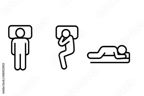 Sleep position icons outline set featuring back sleeper, side sleeper, and stomach sleeper silhouettes, vector illustration on transparent background for sleep posture concepts