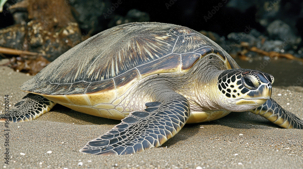 Fototapeta premium Close up of a green sea turtle resting on a sandy ocean floor