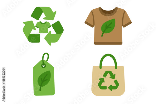 Sustainable Fashion Icons Featuring Recycling Symbols, Eco-Friendly Materials, Organic Clothing Tags, and Reusable Shopping Bags in Modern Vector Cartoon Style with Transparent Background