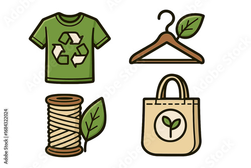 Sustainable fashion symbols representing eco-friendly materials, recycling, green clothing design, organic fabric, renewable resources, and environmentally conscious style, vector cartoon illustration
