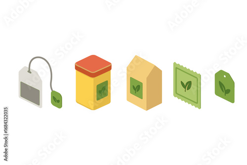 Isometric Tea Packaging Icons Set, Flat Vector Illustration of Tea Bag, Tin Canister, Cardboard Box, Sachet Pouch, and Label Tag with Leaf Design, Transparent Background