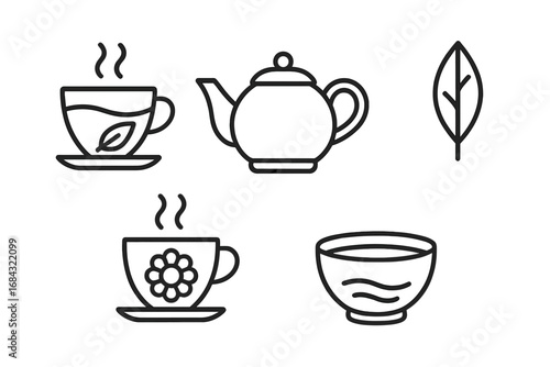 Outline Tea Variety Icons Set with Green Tea Cup, Black Teapot, Oolong Leaf, Chamomile Cup, Matcha Bowl, Vector Transparent Illustration for Tea Lovers