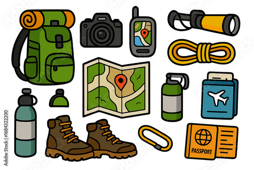 Travel essentials for adventure seekers with hiking gear, camera, map, GPS, rope, boots, passport, water bottle, and travel documents. Exploration and outdoor adventure cartoon vector illustration.