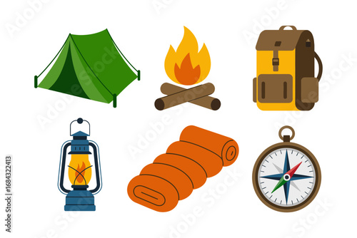 Camping icons flat set, green tent campfire backpack lantern sleeping mat compass, wilderness exploration symbols, outdoor adventure travel graphics