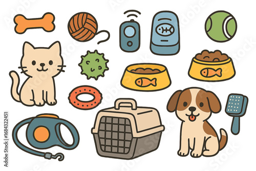 Unique collection of pet items and accessories with cute dog and cat cartoons, including toys, gadgets, food bowls, carrier, brush, and playful elements in minimalist vector style