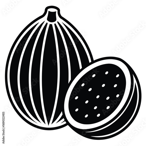 A black silhouette of a nutmeg spice on a white background