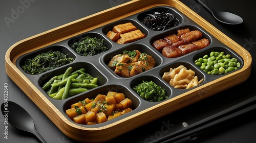 Wooden compartmentalized lunch box with various green vegetables and seaweed, accompanied by black tableware, placed on a dark background, presenting a healthy meal combination.