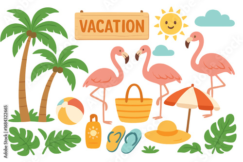 Tropical summer vacation illustration with palm trees, flamingos, beach umbrella, sun, flip-flops, sun hat, beach ball, and tropical leaves, colorful vector cartoon design for holiday season