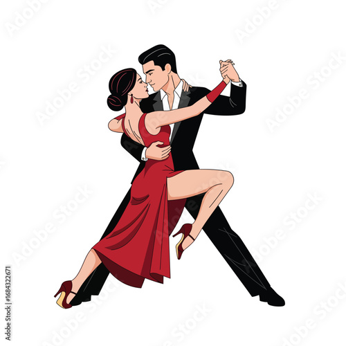 An elegant and passionate couple in a close embrace, dancing the classic Argentine tango in a beautiful vector illustration