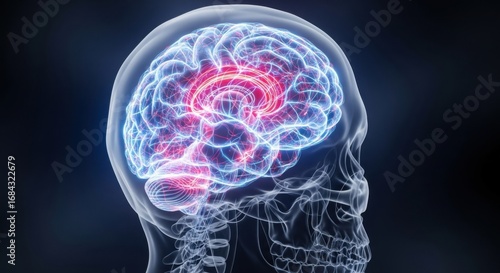 Digital Rendering of a Human Brain Showing Neural Activity and Connections