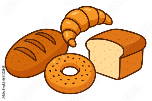 Variety of baked goods including bread, croissant, bagel, and loaf in colorful vector cartoon illustration with transparent background, bakery products collection, fresh pastries